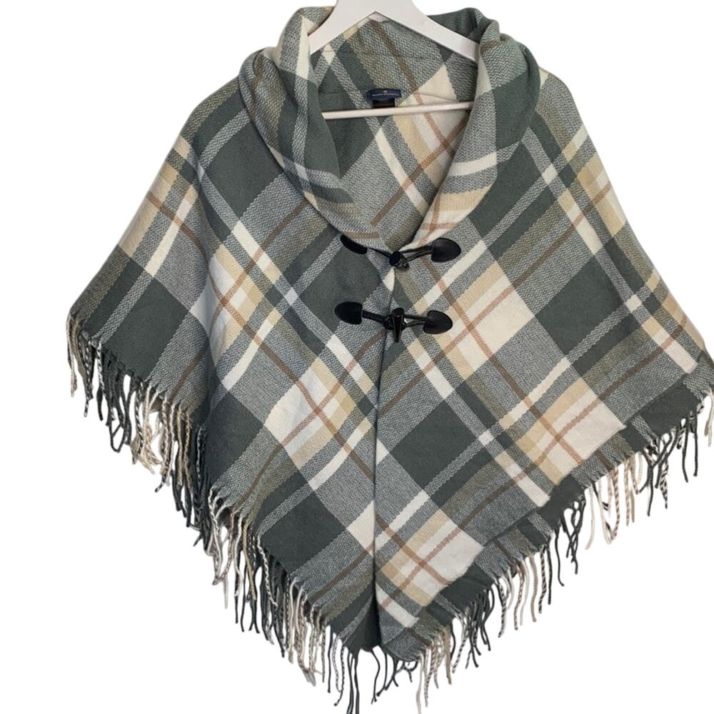 Brooks Brothers Ivory Gray Tan Plaid Fringe Poncho with Double Closure W-233